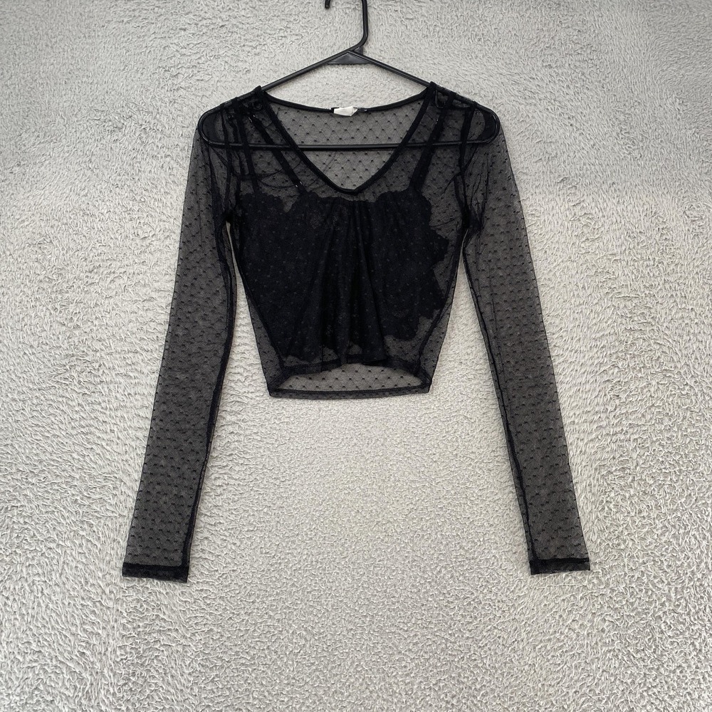 Fashion Nova Mesh Crop Top Womens Small Black Sheer Whimsigoth Dark Fairy Grunge